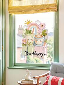 1pc Summer Plant Flower Glass Decorative Sticker, Window Static Cling BE HAPPY Glass Film, Coffee Cup Smiling Face Home Decor Wall Sticker - UV34326-mengmo Drink - View 6