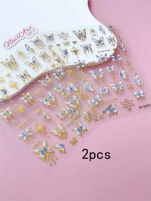 2pcs 5D Embossed 3D Nail Art Stickers, DIY Nail Decoration, Blue Purple Gradient Butterfly With Gold Foil English Letter Pattern, Suitable For Vintage Palace And Gentle Fairy Style Nail Art - Multicolor - View 6