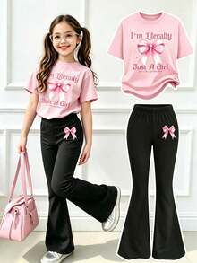 2pcs/Set: Girls Casual Bow Pattern Crew Neck Short Sleeve Top And Flared Pants Set, Suitable For Summer Wear, Back To School Season Autumn Clothing - Pink - View 11