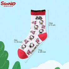 SANRIO 1雙/3雙 女款正版授權 Hello Kitty 紅白對比荷葉邊中筒襪，滿版提花，不易開裂，復古學院風，青春風格中筒襪，適合四季穿著，最佳好友生日禮物、節日週年禮物、聖誕節、新年假期、派對伴手禮 - 白色 - 查看 5