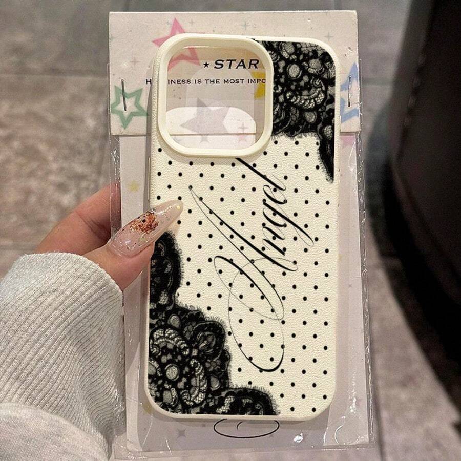 1pc TPU Material Black Lace Polka Dot Letter Pattern Phone Case Compatible With IPhone 17 Pro Max/17/16 Pro Max/15/13/12/11/ S20 FE/A15/S24/A55/ Note 11/Note 12/Note 13 Pro Full Coverage Shockproof Soft Shell Protective Cover - White - View 1
