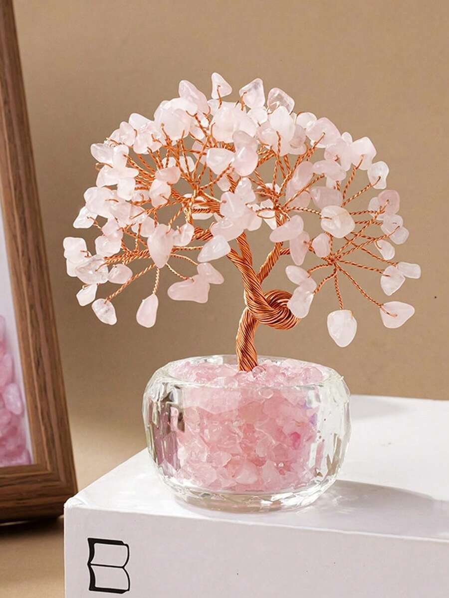 粉色水晶樹飾品，粉色水晶碎片許願樹搭配銅線編織與玻璃底座，適用於居家、廚房、房間、派對裝飾、手工裝飾飾品、桌面擺飾，亦可作為聖誕裝飾、臥室與辦公室裝飾、婚禮伴手禮、生日禮物，送給朋友與同學的精緻生日禮物