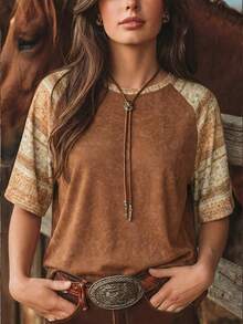 Women's Solid Color Washed Snowflake Craft Patchwork Raglan Sleeve Summer Set, Independence Day Outfit Casual - Brown - View 6
