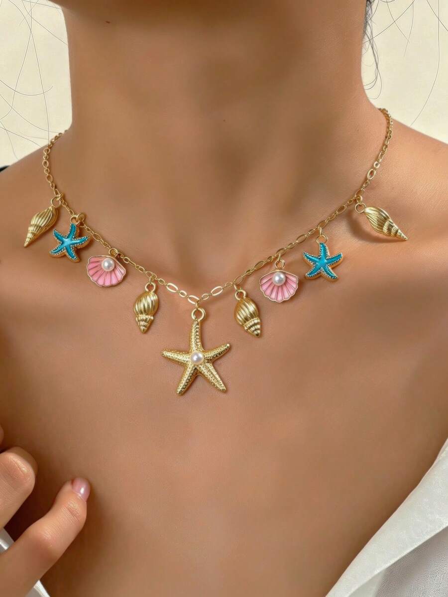 1pc Fashion ZA Pendant Necklace, Vintage Bohemian Beach Style, Starfish, Shell, Turtle And Multi-Pendant Design, Layered Collarbone Chain, Party/Holiday Gift, Versatile Accessory
