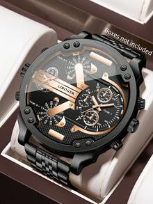 1pc Men's Multi-Time Zone Quartz Watch, All Black Large Dial Multi-Function Alloy Strap Wristwatch, Street Style Cool Sporty Men's Watch, Versatile Gift, Watch Box Not Included - Black - View 8