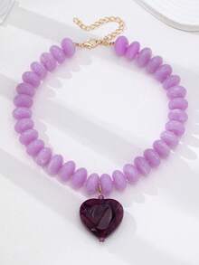1/2 Piezas Collar de Declaración con Cuentas Gruesas Moradas para Mujeres - Gargantilla con Colgante de Corazón de Acrílico, Joyería Morada Audaz para Fiestas & Uso Diario - Multicolor - Ver 2