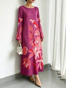 1pc Women's Orange Floral Print Casual Dress With Ruffle Sleeves, Elegant Arabic Style Maxi Dress, Luxury Party/Holiday/Vacation Dress, Perfect Gift For Mom, Daughter, Friend - Hot Pink - View 7