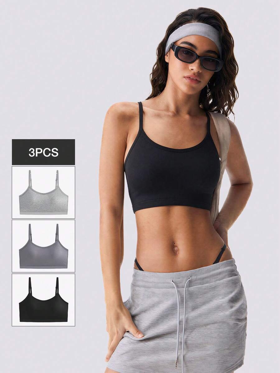 Loungeista 3pcs/Set Women's Solid Color Adjustable Strap Comfortable Wireless Padded Sports Bra, Suitable For Sports, Sleepfor Summerfor Summer - Multicolor - View 1