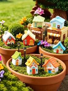 8 Stück Mini Harz Haus Deko, geeignet für Feengarten, Hof, DIY Kleindorf Dekoration, Frühlingsgarten Dekoration, Korb Dekoration, Frühlings-/Sommer-Dekoration, Outdoor Wildblumen Schmetterling Feenpilz Party Zubehör, Mikrolandschaft Dekoration - A - Übersicht 5