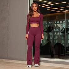 Plain Zero-Transparency Polyamide Flare Long Sleeve Fitness Gym Set - Màu Đỏ Sâu - Xem 12