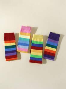 4 Pairs Girls Rainbow Colorful Striped Mid-Calf Sports Socks, Girls Fitness Spring Autumn All Season Versatile Football Tennis Running Sports Socks, No-Heel Design, Suitable For 6-10 Years Old Children - Multicolor - View 4