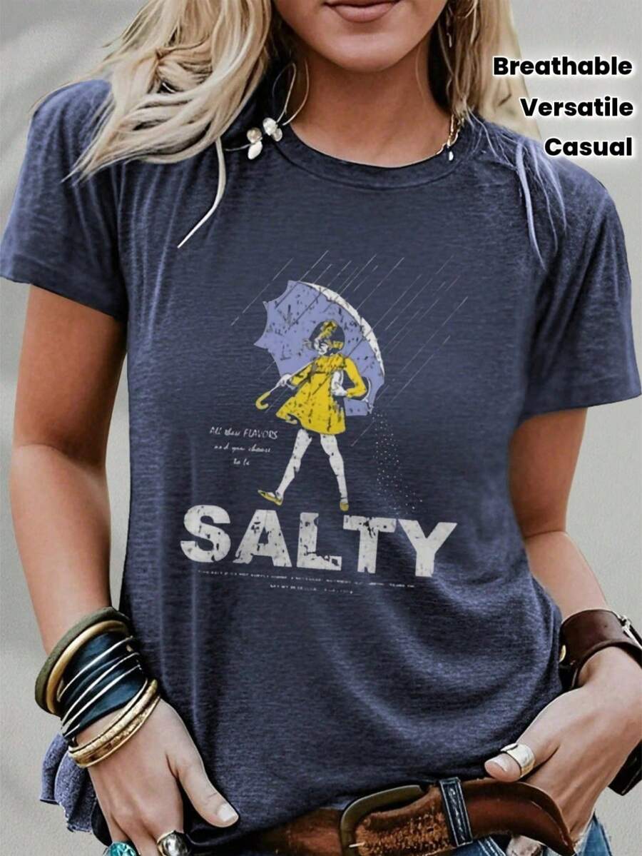 Double-Sided Printed Cotton T-Shirt, Comfortable, Stylish With Minimalist Design, Casual And Versatile, INS Style, Men's Vintage Graphic T-Shirt With Salty Girl With Umbrella Design - 黑色 - 查看 1
