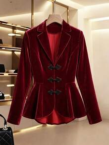 Women's Autumn/Winter Elegant Commute Holiday High-Quality Chinese Style Frog Button Decor Cinched Waist A-Line Long Sleeve Blazer - Burgundy - View 3