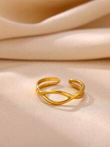 Women's Stainless Steel Gold Multi-Layer Geometric Open Ring, Vintage Waterproof Wedding Aesthetic Jewelry Gift - JZ10066 - View 2