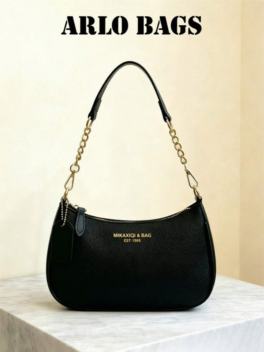 New Fashion Classic Wild Letter Pattern Decor Design Solid Color PU Waterproof Fabric Crescent Shoulder Bag Underarm Bag Suitable For Shopping Can Be Worn Crossbody - Black - View 1