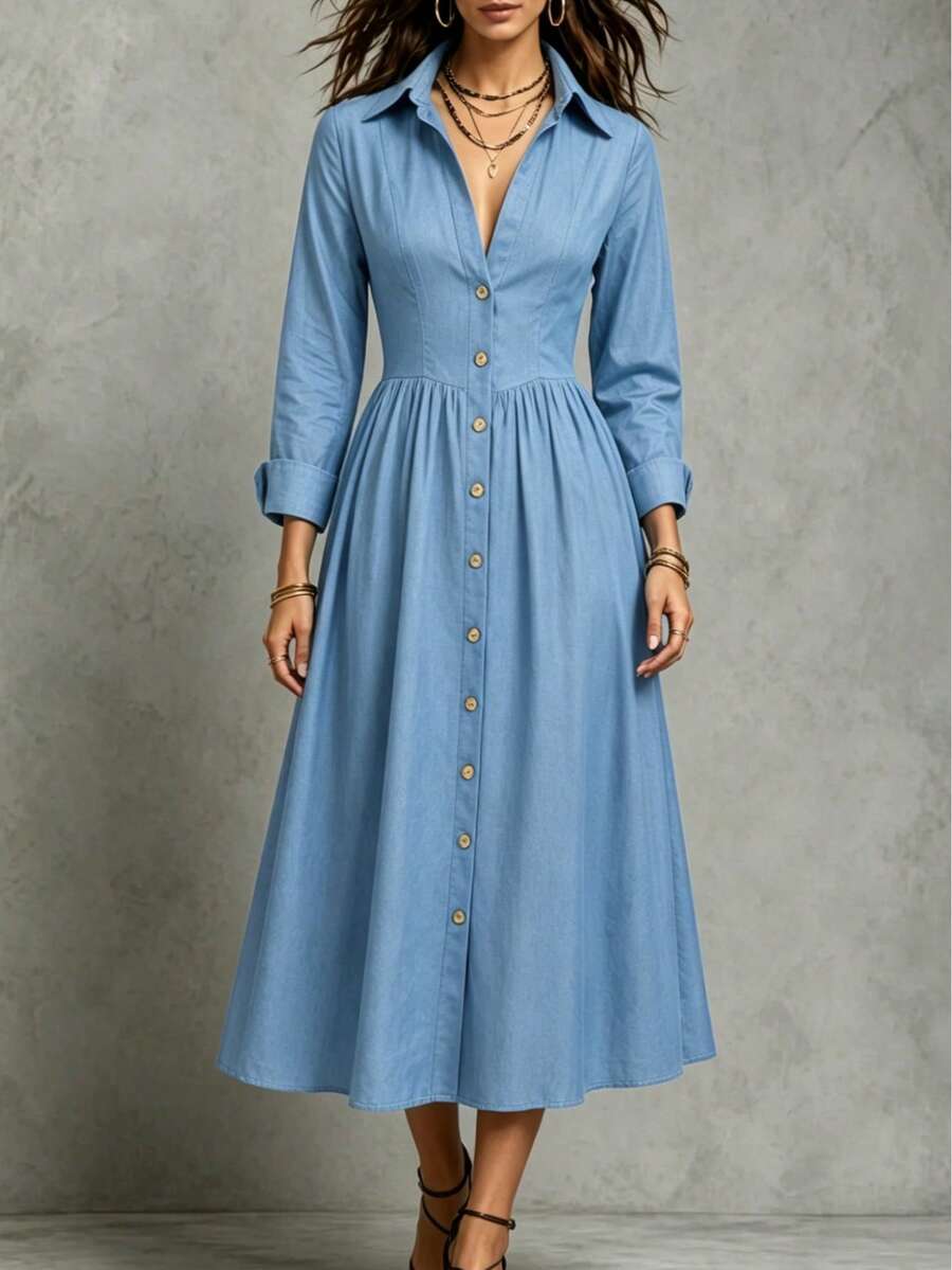 Gaun Kemeja Wanita Elegan dengan Kerah Panjang Sedang - Biru Langit - View 1