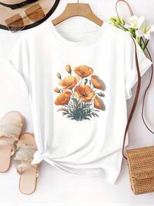 Camiseta Casual de Manga Corta y Cuello Redondo con Estampado Floral para Mujer--La Opción Ideal para Primavera y Verano - Blanco - Ver 1