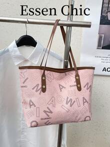1件裝粉色夏季新款金屬鉚釘裝飾大容量字母拼接PU托特包女款單肩包 - 粉色 - 查看 7