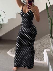 LovelyWholesale Women's Sexy Lace Trim V-Neck Adjustable Strap Fitted Long Summer Dress Vacation, Aesthetic Black Elegant - Black - View 2