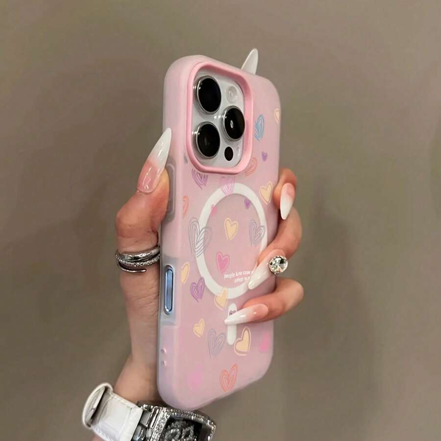 Funda para iPhone 17,16,15,14,13,12,11 Magnética de Carga Inalámbrica Dual con Tacto de Piel Gelatinoza Macarrón Minimalista y Patrón de Corazón de Líneas Coloridas - Rosa - Ver 1