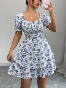 Vestido casual y lindo con estampado floral ditsy, cintura elástica, cuello redondo y volantes en el bajo de manga corta para mujer - Amarillo - Ver 1