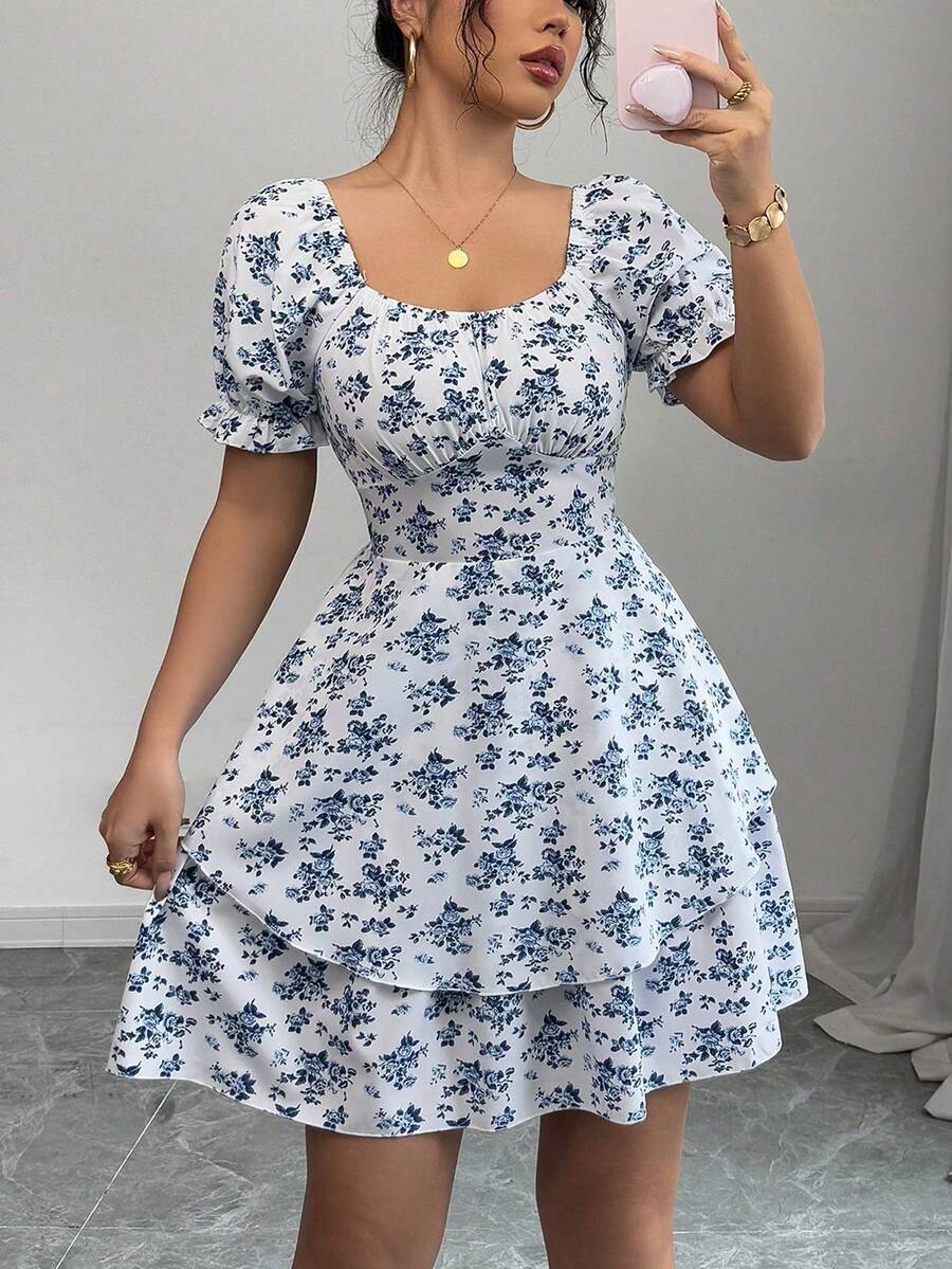 Vestido casual y lindo con estampado floral ditsy, cintura elástica, cuello redondo y volantes en el bajo de manga corta para mujer - Amarillo - Ver 1