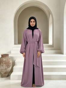 Open Front Abaya With Belt, Elastic Cuffs Modest Muslim Dress, Casual Dubai Style Islamic Clothing - Multicolor - View 7