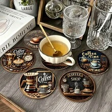 1 Set Coffee Cup Design Wooden Non-Slip Coasters, Home Kitchen Decor Accessories, Cute And Affordable Small Items, Outdoor Garden Supplies, Suitable For Various Holiday Parties, Wedding Accessories, Thanksgiving, Back To School Decoration Gifts - Multicolor B - View 2