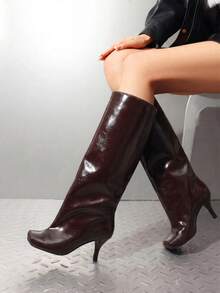 Women's Knee High Boots Square Toe Stiletto Heel Wide Calf Slouchy Boot  Fashion Comfort  Long Tall Boots Fashion Women Shoes - 酒紅色 - 查看 3