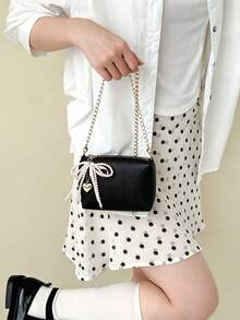 Black PU Chain Crossbody Bag With Sweet Pearl Bow Heart Charm, Versatile Small Shoulder Bag For Girls - A - View 6
