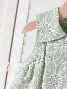 Baby Girl Summer Grass Green Floral Hollow Embroidery Sleeveless Collar Bud Set Pants - Green - View 5