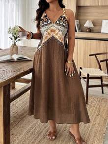 Plus Size Printed Patchwork Backless Sleeveless Vacation Dress Elegant Summer - Multicolor - View 1