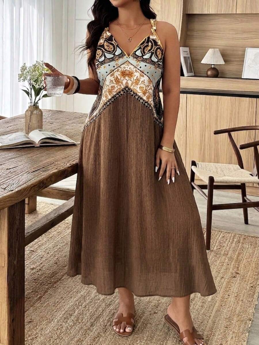 Plus Size Printed Patchwork Backless Sleeveless Vacation Dress Elegant Summer - Multicolor - View 1