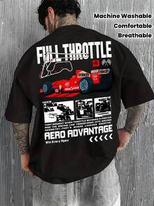 Men's Racing Pattern T Shirt| Loose-Fitting Casual Short-Sleeve Shirt,Round Collar Design,Machine Washable,With"Full-Speed Sprint"And Sponsor Logo Design,Racing Style,Suitable For Everyday Wear,The Fabric Is Breathable. - 黑色 - 查看 1