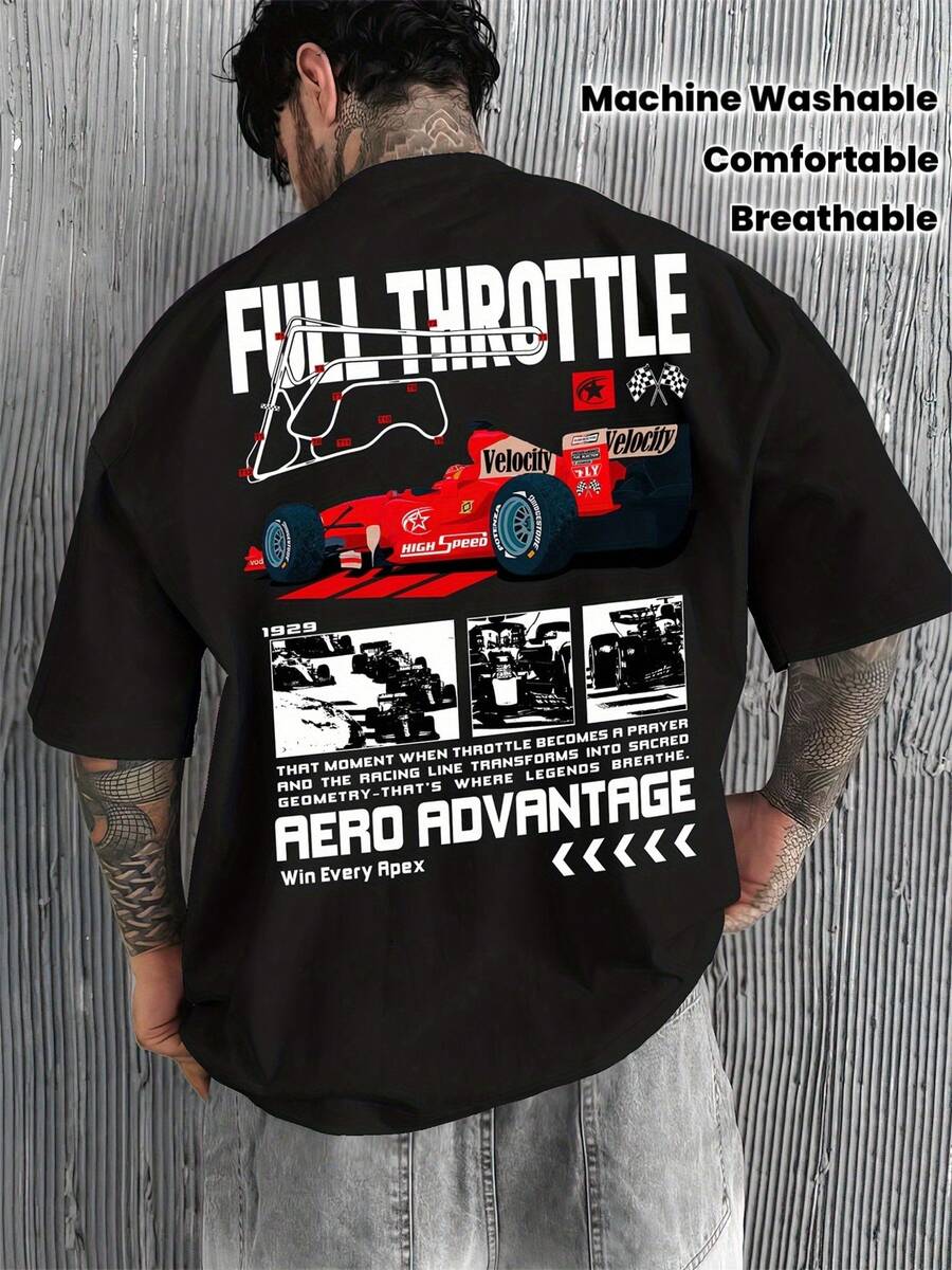 Men's Racing Pattern T Shirt| Loose-Fitting Casual Short-Sleeve Shirt,Round Collar Design,Machine Washable,With"Full-Speed Sprint"And Sponsor Logo Design,Racing Style,Suitable For Everyday Wear,The Fabric Is Breathable. - 黑色 - 查看 1