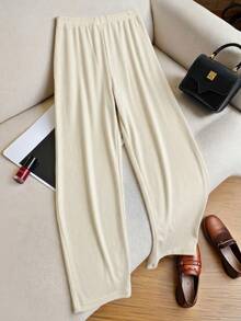 HOMEYEE Women's Fashion Casual Ribbed Knit Straight Leg Pants With Pockets, Long Design, Suitable For Daily Wear, Autumn - Apricot - View 4