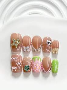 10入奶油女孩風手工穿戴式美甲貼片，聚合物凝膠美甲藝術套組，星星、蝴蝶、草莓圖案，粉色與綠色指甲油，水果多巴胺風，含美甲工具，3種尺寸可選：方形、短方形、杏仁形，適合派對、舞蹈、日常配戴 - 彩色 - 查看 17