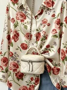 Women's Rose Print Satin Long Sleeve Blouse, Elegant Button Collar Top, Suitable For Spring Wear, Polyester Fabric, Regular Fit - Apricot - View 4