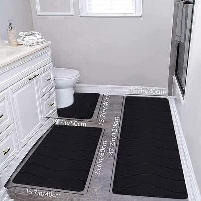 3 Piece Thick Foam Bathroom Rug Set, Long Runner Mat Bath Mat U-Shaped Toilet Mat, Absorbent Non Slip Machine Washable Comfort Wave Pattern Bath Floor Mats