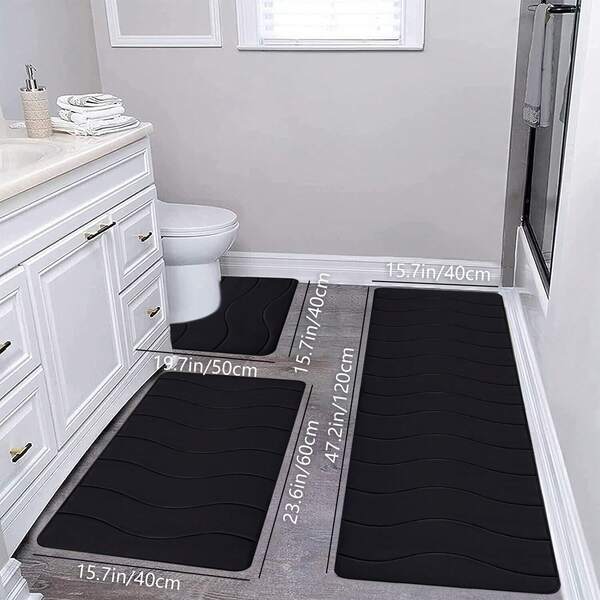 3 Piece Thick Foam Bathroom Rug Set, Long Runner Mat Bath Mat U-Shaped Toilet Mat, Absorbent Non Slip Machine Washable Comfort Wave Pattern Bath Floor Mats