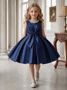 Young Girl Royal Blue Elegant Round Neck Beaded Decor Pleated Bow Tie Satin Short Dress For Birthday Party Celebration Wedding Flower Girl Princess Dress Prom Dress Back To School Graduation Ceremony Banquet Evening Gown - Royal Blue - View 4