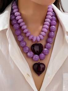 1/2 Piezas Collar de Declaración con Cuentas Gruesas Moradas para Mujeres - Gargantilla con Colgante de Corazón de Acrílico, Joyería Morada Audaz para Fiestas & Uso Diario - Multicolor - Ver 9