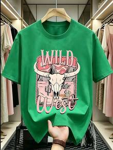 Women's Wild West Bull Skull Graphic T-Shirt, Western Casual Style, Desert Landscape Print, Short Sleeve, Casual Blouses For Ladies - 綠色 - 查看 2