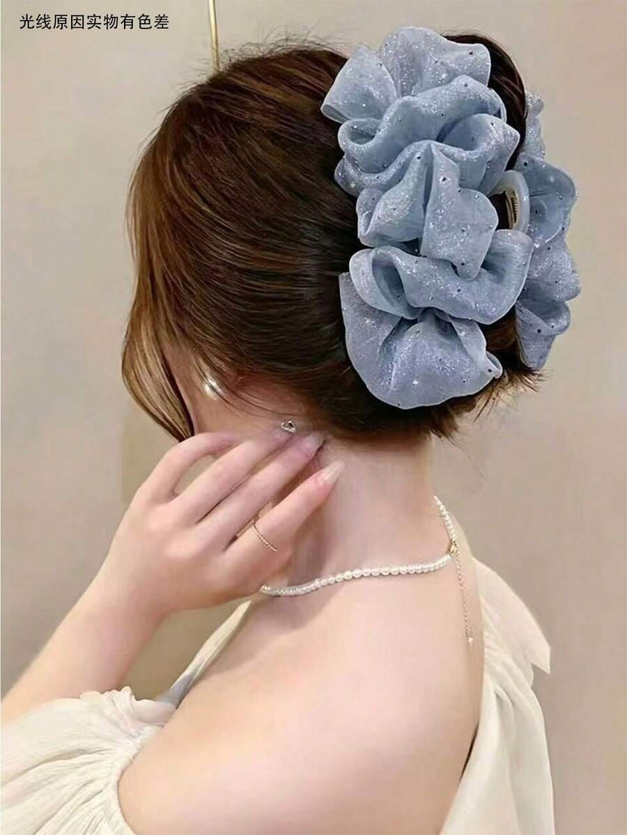 1件女款純色亮面泡泡紗蝴蝶結髮夾，優雅時尚抓夾，適合日常使用（髮夾 13cm-15cm），Coquette 甜美風