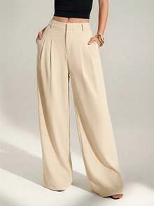 Sexy And Casual Business-Style High-Waisted Wide-Leg Pleated Trousers - Elegant Solid-Color Loose-Fitting Trousers, Professional Office Wear, Work Trousers With Co - 柿子2 - 查看 12