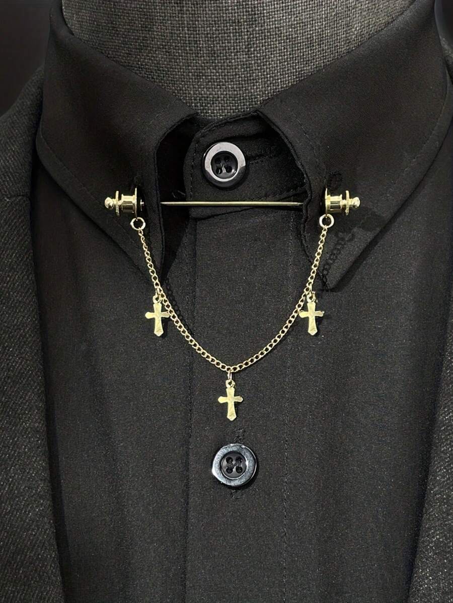 Niche Copper Gold/Silver Cross Tie Pin, Premium Chain Design Shirt Collar Accessory, Versatile Suit Shirt Exquisite Accessory - Collar Pin - View 1