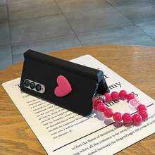 Cute 3D Heart Black Phone Case With Rabbit Shaped Bead Chain, Compatible With Samsung Galaxy Z Fold 8 Ultra Z Fold7 ZFold 5 Zfold6, Shockproof Back Cover - Black - View 8