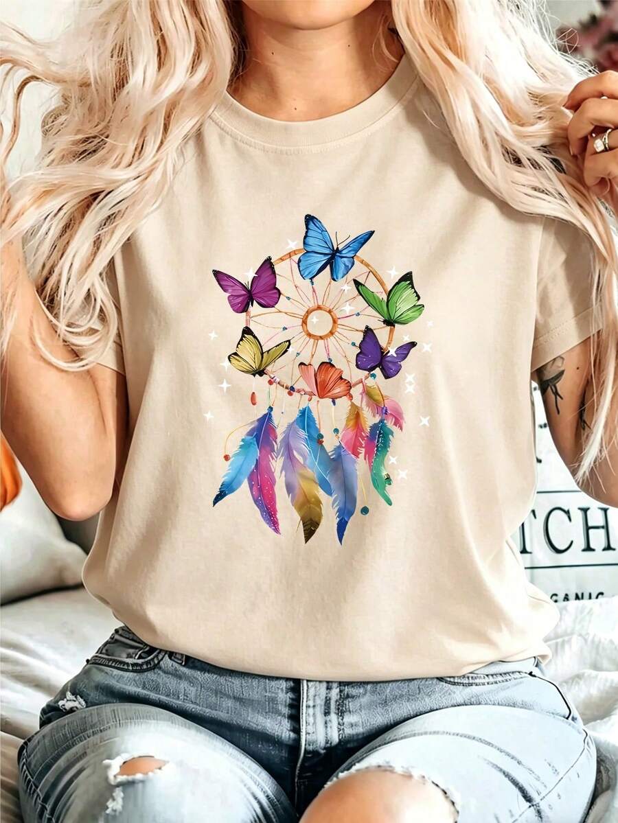 Women's Lightweight And Breathable Cotton Short-Sleeved Crew Neck T-Shirt With 'CIN CIN' Martini Print, Dropped Shoulders, Stylish And Cute, A Wardrobe Essential - 杏色 - 查看 1