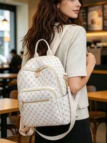 Large Capacity Backpack For Women, Classic Solid Color Handbag For Ladies - Blue - View 2