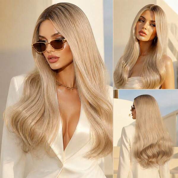 Ombre Gold Lace Front Seamless Wig, 13*4*1 Lace, Long Straight Heat-Resistant Synthetic Fiber Wig, Suitable For Women's Daily Wear And Cosplay, Halloween